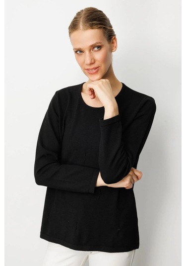Desen Triko Kadın Sıfır Yaka Önü Pileli Boncuklu Ligralı Bluz 25095 Siyah Siyah