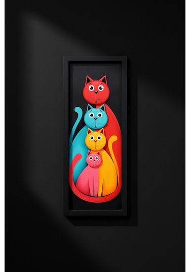 Modern Renkli Kedi Tablosu 25x60 Cm Çerçeveli Minimal Duvar Dekoru