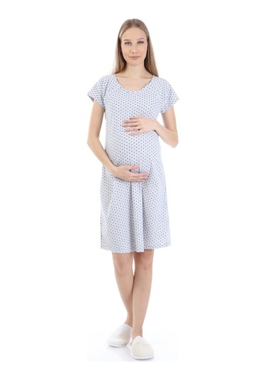 Luvmabelly Myra9582 Yandan Çıt Çıtlı Hamile Geceliği - Siyah Puantiyeli - Gri-gri