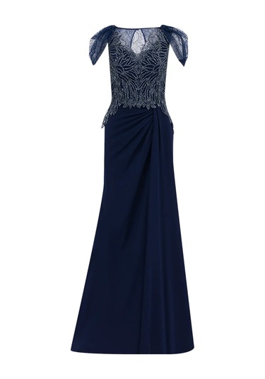 Hint Aksesuarlı Balon Kol Dar Form Abiye-lacivert Lacivert