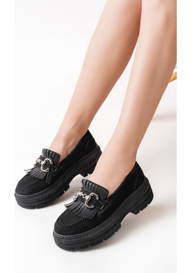 749-750 Siyah Süet Tokalı Günlük Yüksek Tabanlı Loafer Ayakkabı
