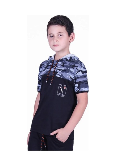 Kamuflaj Desenli Kapşonlu Gri Erkek Çocuk T-shirt Gri