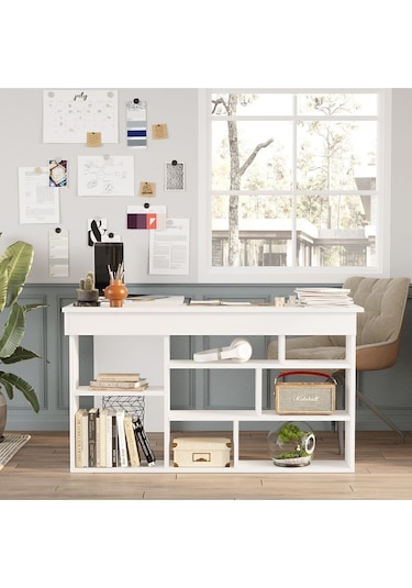 Corner Kitaplık Raflı Çalışma Masası Çam-antrasit Cor5-w Beyaz