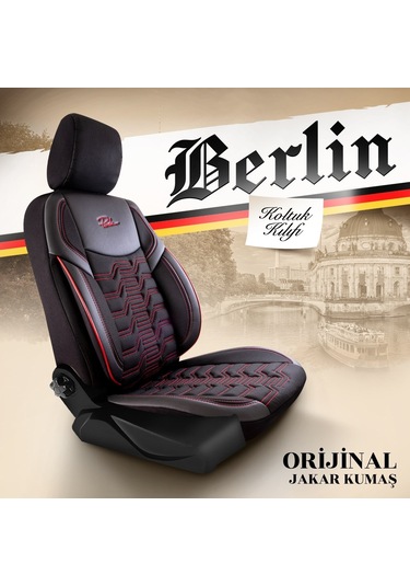 Panda Berlin Serisi Jakar Kumaş Oto Koltuk Kılıfı - Siyah - Kırmızı