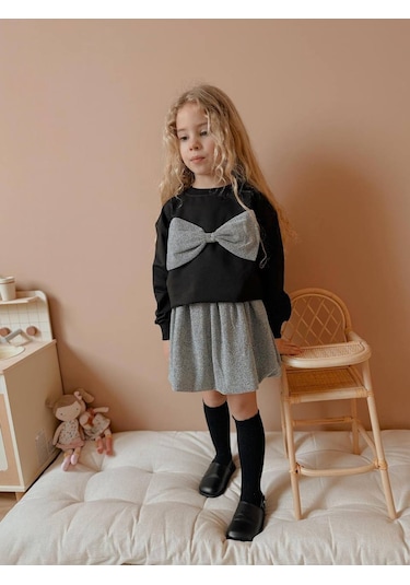 Kız Çocuk Fiyonk Modelli Simli Etekli Takım Siyah