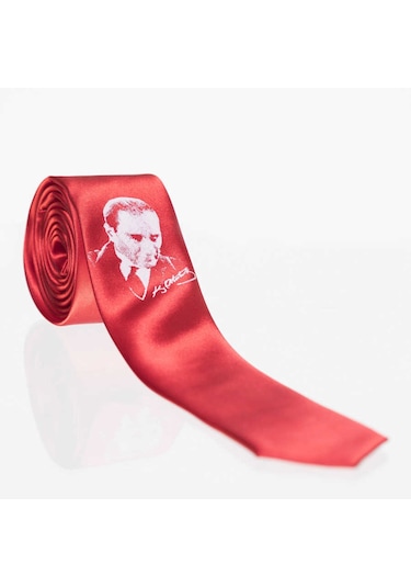 Çocuk Boy Atatürk Ve Imza Baskılı Saten Kırmızı Kravat - Ck-28