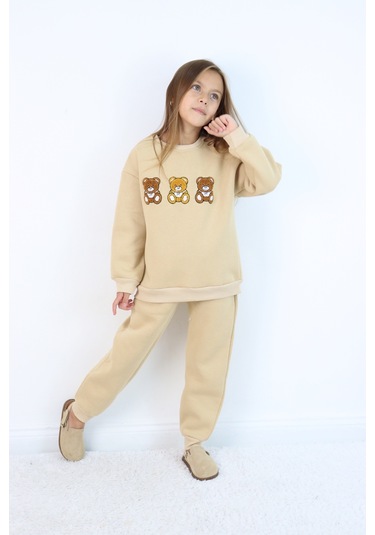 Kız Çocuk 3'lü Ayıcık Nakışlı 3 İplik Oversize Şardonlu Takım Ekru