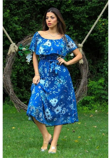 Neşeli Butik Kadın İndigo Bağlama Detaylı Madonna Yaka Şifon Elbise Nb100371 Indigo