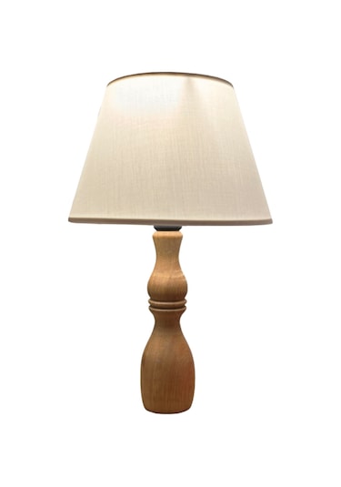 Glad Masif Ahşap Ayaklı Zarif Abajur Konik Krem Başlıklı Masa Lambası Komodin Abajur Krem