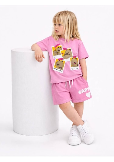 Miniko Kids Kız Çocuk Capybara Modelli Pamul Şortlu Takım Pembe