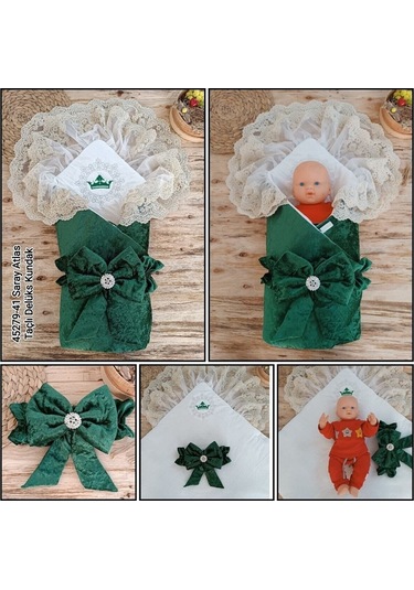 Dantelli Taçlı Bebek Kundağı Unisex Bebek Dış Kundak Battaniyesi Hastane Çıkışı Mevlütlük Kundak Yeşil