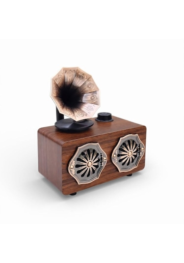 Gerçek Ahşap Gramofon Görünümlü Bluetooth Hoparlör & Nostaljik Radyo
