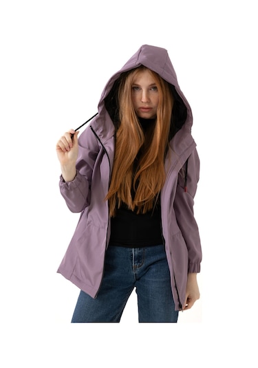 Kadın Mürdüm Içi Astarlı Su Geçirmez Ve Rüzgara Dayanıklı Kapüşonlu Cepli Yağmurluk - Rüzgarlık Mürdüm