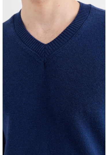 Erkek V Yaka Basic Yün Kazak İndigo İndigo