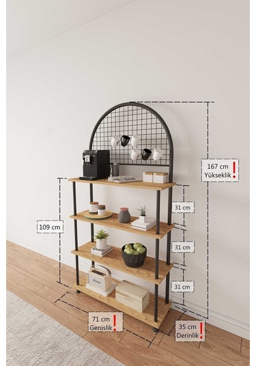 Çevir Kur Atlantik Çam 4 Raflı Kahve Köşesi Dolabımutfak Düzenleyici, Stand, 71x167x35 Cm Atlantik Çam