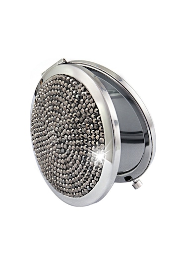 Sones Elmas İşlemeli Metal Çift Taraflı Katlanır Mini Taşınabilir Yuvarlak Küçük Makyaj Aynası Parlak Siyah