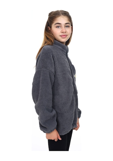 Toontoy Kız Çocuk Nakışlı Peluş Hırka Füme