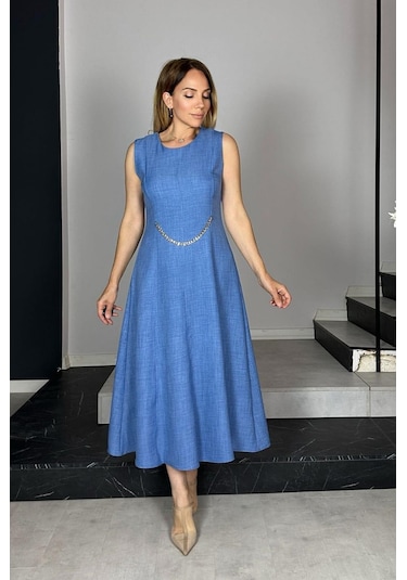 G1385 Zincir Detaylı Kolsuz Keten Elbise İndigo Indigo