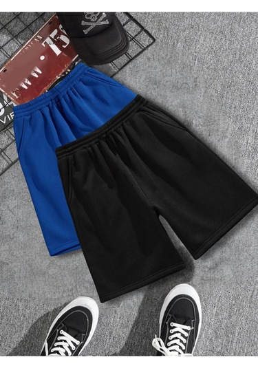 2'li Düz Renk Penye Şort - Saks Mavi Siyah Baskısız Kısa Kordonsuz Saks Mavi Siyah