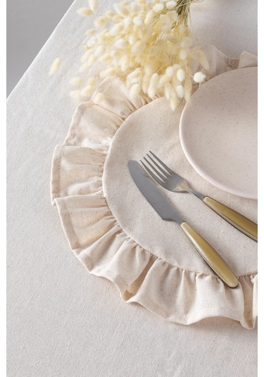 Wellstil Rufle 6'lı Keten Yuvarlak Amerikan Servisi 40cm Bej