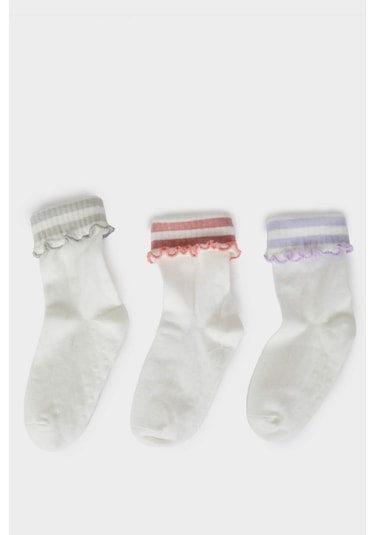 DeFacto Kız Bebek Kaydırmaz Taban 3'lü Pamuklu Uzun Çorap E4670A5NSWT1 Beyaz