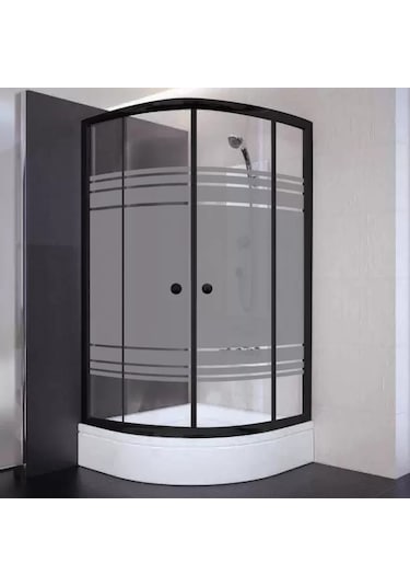 90x90x190 Oval Siyah Profil Komple Kumlu Cam Duş Kabini & 90x90x16 Panelli Duş Teknesi Set Krom