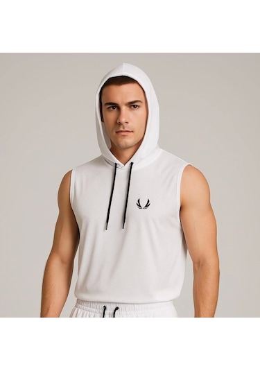 Erkek Lette Kapüşonlu Armalı Esnek Kolsuz Beyaz T-shirt Beyaz