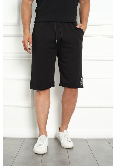 Erkek Şort Bermuda Kurt Armalı Beli Bağcıklı İpli Cepli Büyük Beden Geniş Beden Aralığı Siyah Nıc1067 R19 Siyah