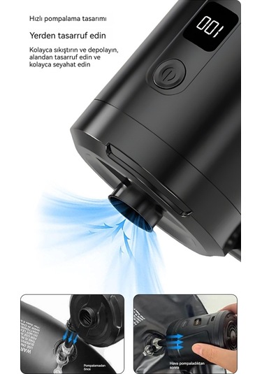 Lyon Dijital Açık Mini Hızlı Pompa Hava Yastağı Yüzme Halkası Kablosuz Taşınabiler Siyah