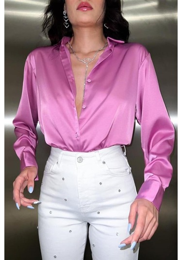 Pembe Saten Gömlek Karışık Çok Renkli