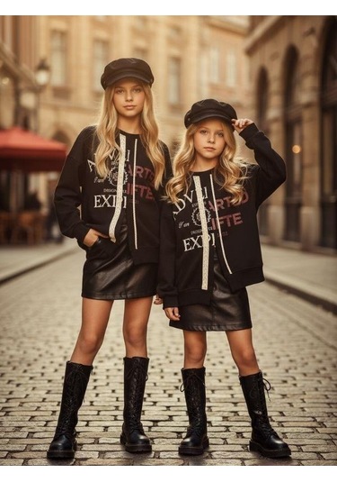 Kız Çocuk Asimetrik Kesim Fermuar Detaylı Oversize Tasarım Sweatshirt-16293 Siyah