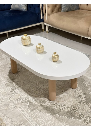 Oval Model 120x60 Cm Kalın Kenarlı Orta Sehpa Ahşap Ayaklı Beyaz