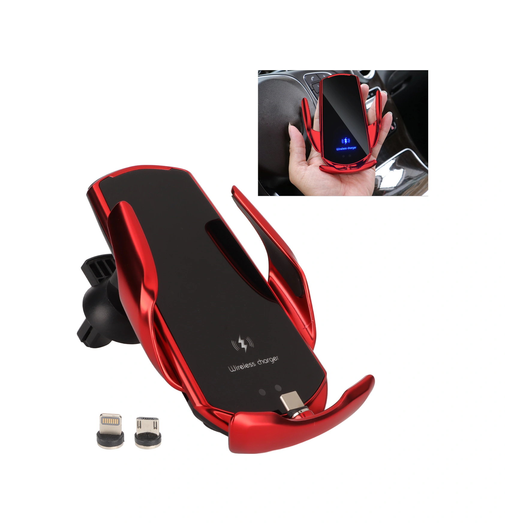 Vkemall Kırmızı Akıllı Algılama Araç Kablosuz Şarj Cihazı 15w Hızlı Şarj Otomatik Klem Alçı İphone 12/13 Samsung S/note Serisi Uyumlu