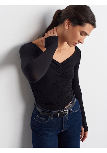 Dilvin 32089 Omuzları Açık Büzgülü Top-siyah Siyah