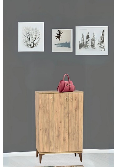 Sinbo Ayakkabılık Atlantik Çam 3 Kapaklı Raflı Yüksek Ayaklı Çok Gözlü Ayakkabı Dolabı 90x34x105 Cm