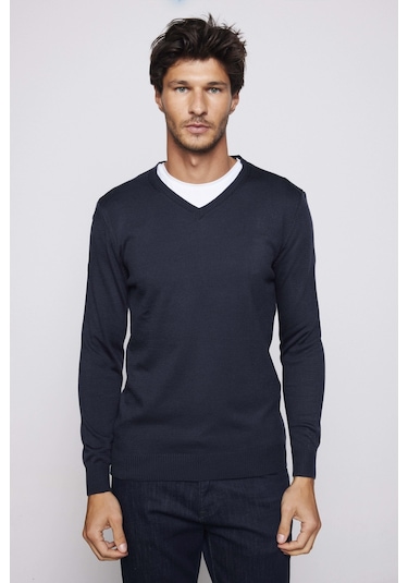 Tudors Slim Fit Dar Kesim V Yaka Tüylenmeyen Yumuşak Doku Lacivert Erkek Kazak-28767-lacivert Lacivert