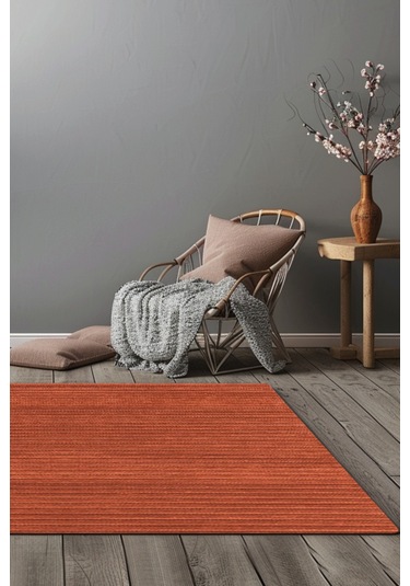 Lidya Turuncu Kaymaz Tabanlı Pamuk Dokuma Kilim, Yıkanabilir, Antialerjik, Kadifemsi Yapı Turuncu