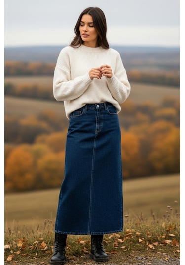 Dema Kadın Koyu Mavi Pamuklu Denim Etek Koyu Mavi