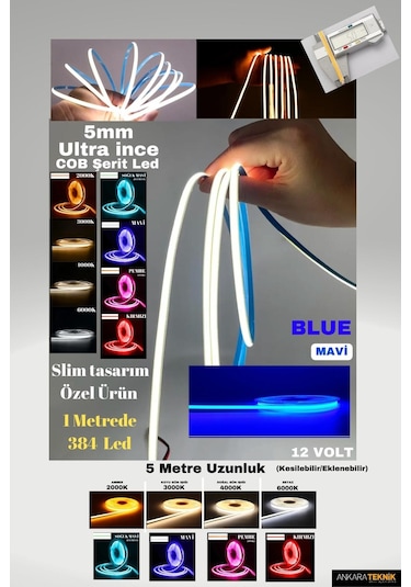Ultra Ince 5mm. Kalınlık Cob Şerit Led Mavi Neon Gibi Yanar.