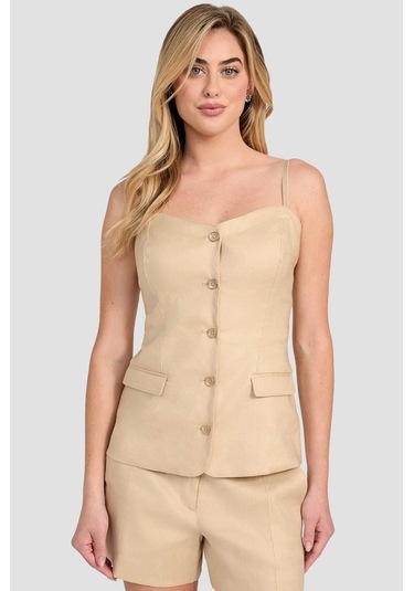 Guess Kadın Bej Keten Bluz Kahverengi