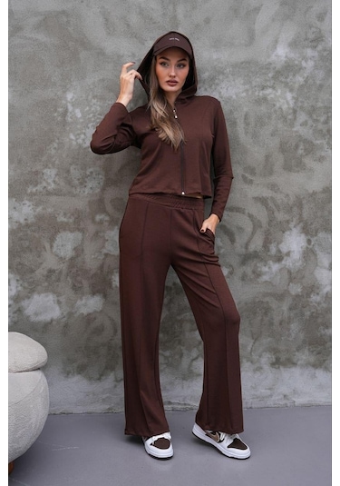 Elaxi Modal Kumaş Slim Fit Kapüşonlu İkili Takım Kahverengi
