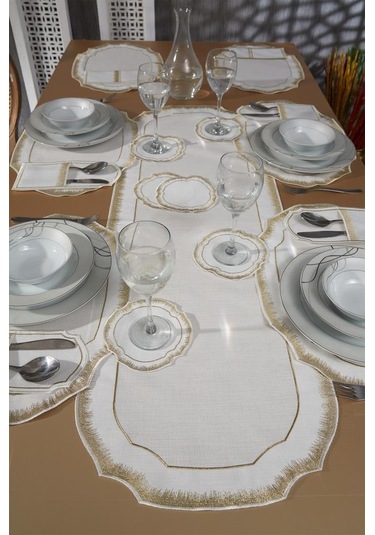 Aslı Keten Nakışlı Amerikan Servis Takımı 19 Parça Gold Gold
