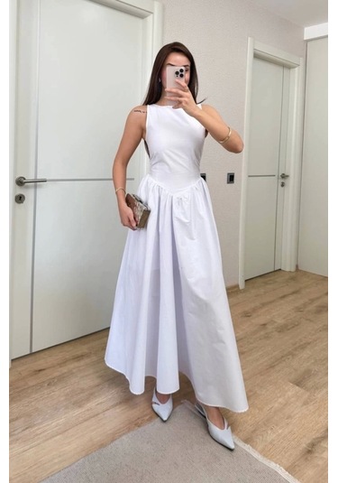 Sifir Kol Beli Oturtmalı Kolsuz Uzun Elbise - Beyaz Beyaz Sifir Kol Beli Oturtmalı Kolsuz Uzun Elbise - Beyaz Beyaz