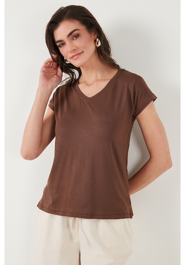 Lela V Yaka Rahat Kesim Yırtmaçlı Bayan Bluz 5862000 Kahve
