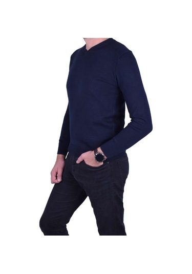 Erkek V Yaka Kazak Lacivert Regular Fit Pamuklu, Ot-Kzk-20007