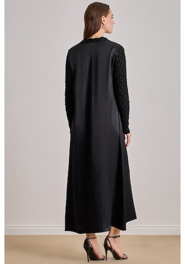 Dökümlü Siyah Saten Elbise Siyah