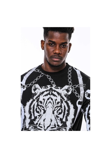 Wessi Siyah Taşlı Baskılı Bisiklet Yaka Sweatshirt Siyah