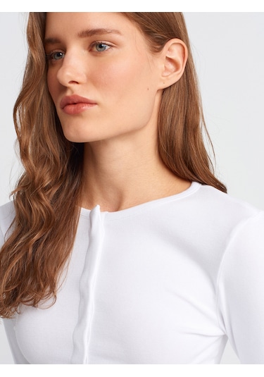 Dilvin 31442 Uzun Kollu Çıtçıt Düğmeli Top-beyaz Beyaz