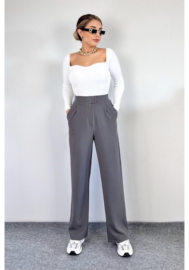 Kadın Likralı Cırt Kapama Lacivert Geniş Paçalı Rahat Palazzo Pantolon Gri