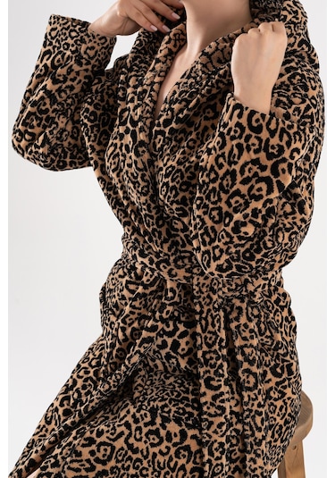 Soley Panthera %100 Pamuk Kadın / Erkek Bornoz Unisex Leopar Baskılı - Kahve Biyeli